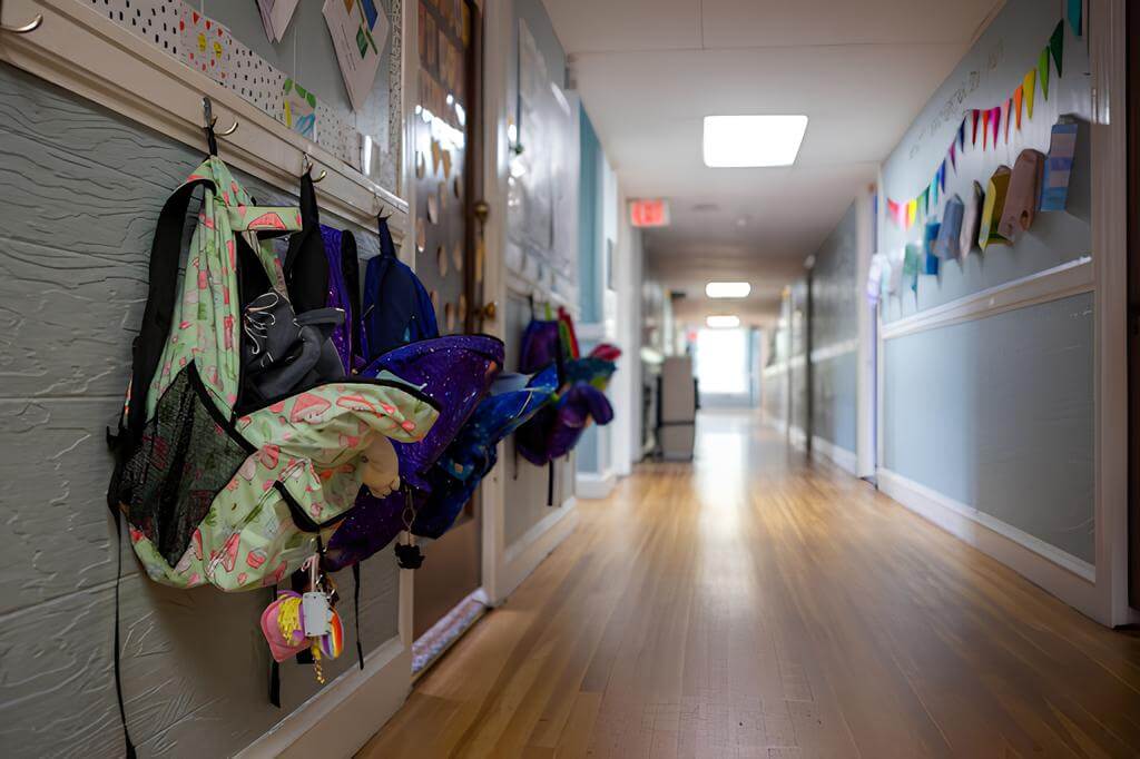 School hallway with colorful backpacks hanging on hooks, lined with children's artwork and wooden flooring.